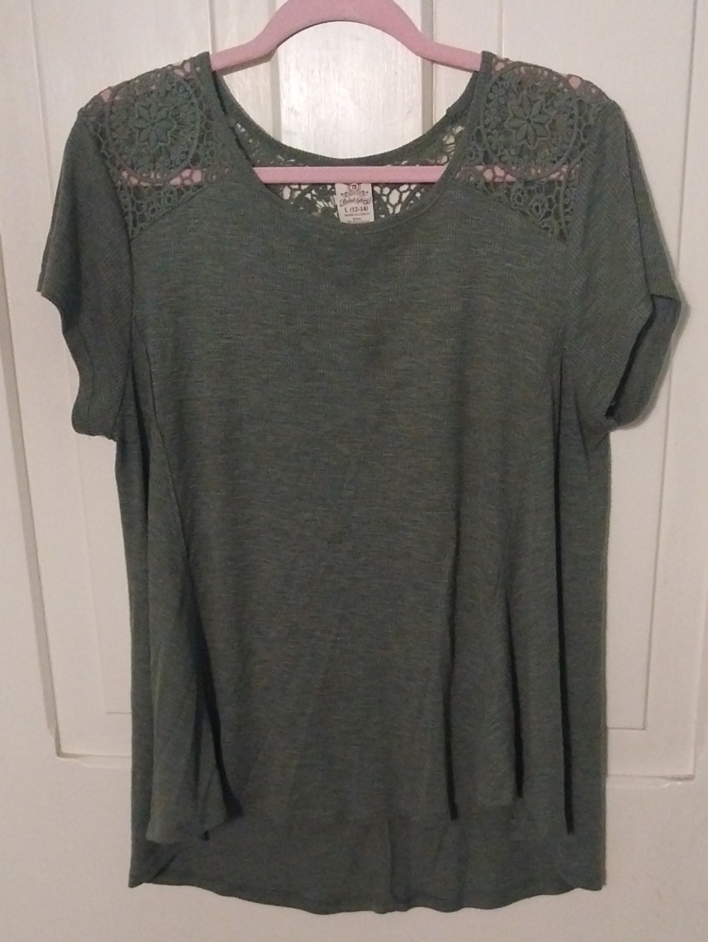 Women's Olive Green Lace Shoulder Short Sleeve Top